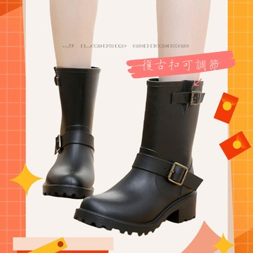 雨季必備時尚防水短靴中/短雨靴 軟面皮帶飾扣 中筒平底雨靴 防水  中靴 短靴 機車雨靴