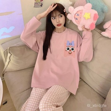 長袖睡衣 春秋睡衣 睡衣套裝 家居服套裝 寬鬆家居服 休閒睡衣 長袖長褲 圓領上衣 印花睡衣 大碼睡衣