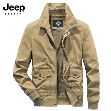JEEP吉普純棉夾克男短款春秋翻領工裝水洗男士外套休閑多口袋上衣