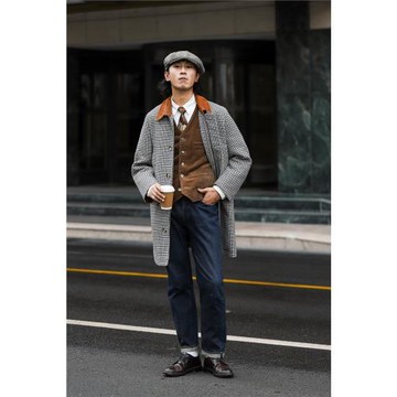 BORDER經典復古紳士獵裝 千鳥格子羊毛粗花呢大衣 冬裝加厚外套男