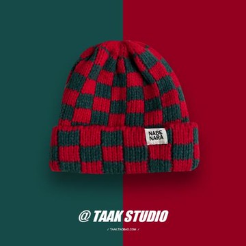 日系網紅ins棋盤格針織帽子女秋冬季百搭保暖街頭毛線帽韓版潮男