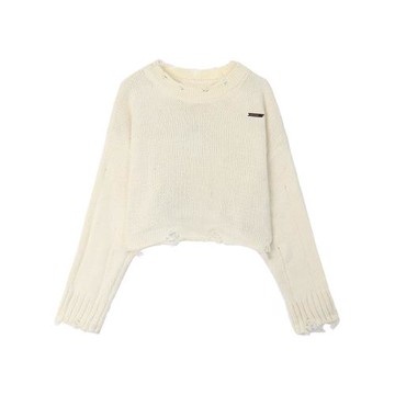 破洞短款毛邊長袖毛衣女秋季2025新款設計感小眾寬松外穿針織上衣