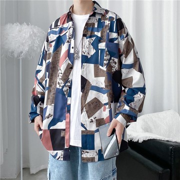 ins潮流襯衫男 春秋季寬鬆休閒印花長袖襯衫