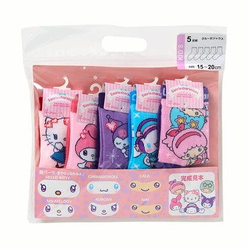 日本三麗鷗人物 HELLO KITTY 美樂蒂 大耳狗 雙子星15-20 童襪 福袋 5雙