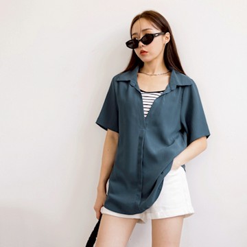 OB嚴選中大尺碼-假兩件襯衫領開襟五分袖長版上衣《AB14972》