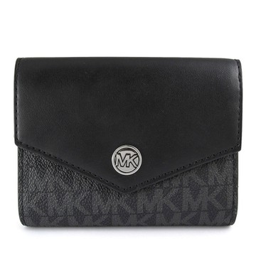 MICHAEL KORS Jet Set Travel 銀圓釦MK Logo皮革拼接防潑水三折壓扣式短夾(黑色)