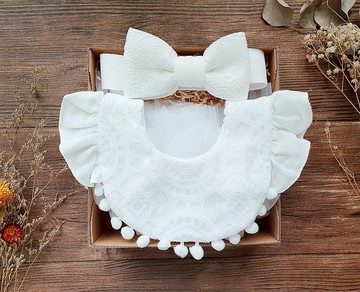 ∣快速出貨∣浪漫法式蕾絲  荷葉袖圍兜 髮帶  彌月禮