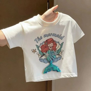 可愛到起飛~女童短袖t恤夏季新款美人魚t恤兒童韓版洋氣上衣兒童休閒半袖 短袖T恤 韓版上衣 兒童短袖上衣 中小童夏天衣服