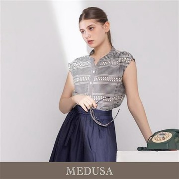 現貨【MEDUSA 曼度莎】小格紋嫘縈抽繩無袖涼感襯衫（M-XL）｜嫘縈上衣 無袖襯衫 涼感穿搭