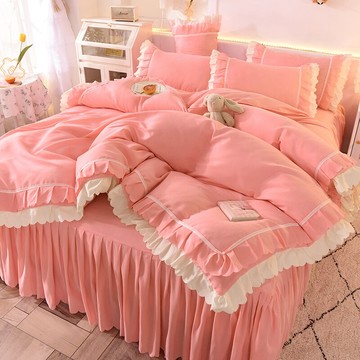 水洗棉床裙四件套粉色公主風床單網紅新款夏季仙女被套床上三件套