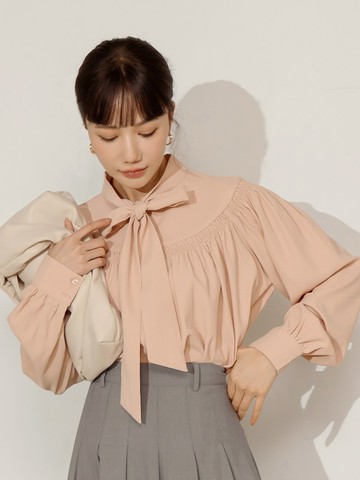 綁帶領兩穿立體抓皺雪紡襯衫