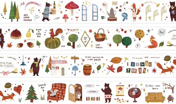 秋日童話 熊熊和森林好朋友們 塩系繪畫 PET 和紙膠帶 10米卷