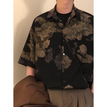 NAGAWL寬松美式復古潮牌短袖花襯衫男新中式港味高級感痞帥上衣夏