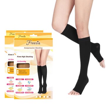 【Freesia】彈性壓力襪-露趾小腿襪(2雙組)(280D/15-22mmHg漸進式壓力)運動保健襪/彈性襪/美腿襪/靜脈曲張襪