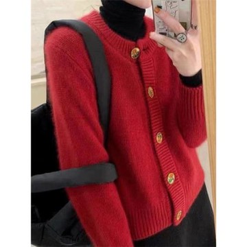 新款100%純羊毛衫女加厚開衫新年紅色毛衣寬松時尚百搭羊毛衫外套