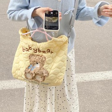 可愛刺繡毛絨單肩包托特包學生上課書包秋冬軟糯布袋斜挎背包