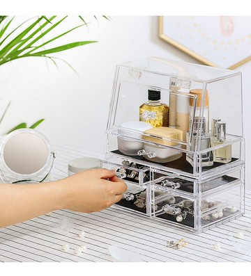 透明帶蓋梳妝臺抽屜式化妝品分隔收納整理盒創意可愛放口紅小格子