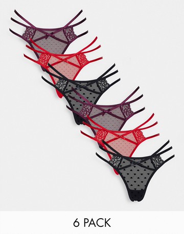 Hunkemoller Melda 6 pack strappy thong in multi-Black