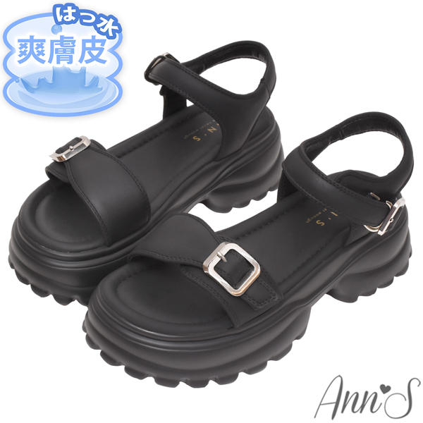 💎正價涼鞋買就送防水鞋袋💎Ann’S防潑水爽膚皮-雙扣長腿輕量厚底涼鞋5.5cm-黑