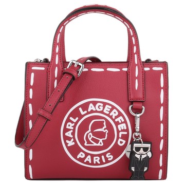 KARL LAGERFELD 白標字老佛爺吊飾皮革兩用包(紅)小款
