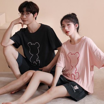 春夏款情侶睡衣女純棉短袖休閑寬松兩件套男士青年簡約短褲家居服