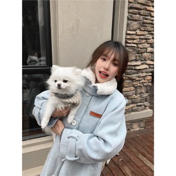 六月苒 韓版藍色毛呢外套女秋冬季中長款羊羔毛領夾棉小個子大衣