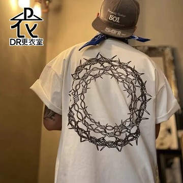 DR更衣室-短袖上衣 韓版街頭背殺圓環荊棘印花短袖T恤 圓領 寬鬆 男裝 男生 t恤 大尺碼5XL【NL625204】