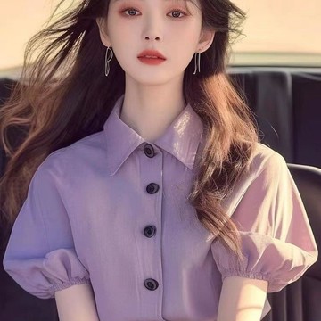 夏季女裝 韓系穿搭 法式 輕熟風 洋氣 別緻獨特 絕美小衫甜美上衣 多巴胺紫色短袖襯衫女夏