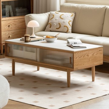 hoi!源氏木語光岩橡木原木色玻璃移門岩板茶几1M Y150J13