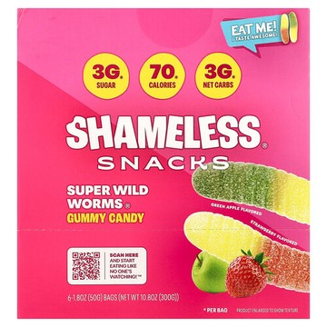 Shameless Snacks, 超級狂野® 蠕蟲軟糖，青蘋果味和草莓味，6 袋，每袋 1.8 盎司（50 克）