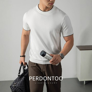 桑蠶絲 蕾賽爾 老钱風 针織衫 短袖T恤 男士 16針 撞色 設計感 毛衫T