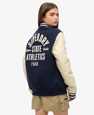 Superdry Women's Oversized Varsity Chain Stitch Bomber Navy Size: L