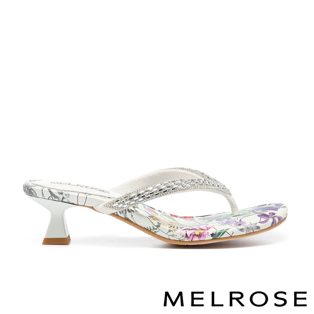 MELROSE 美樂斯 夏日印花閃鑽麂布方頭高跟夾腳拖鞋－白