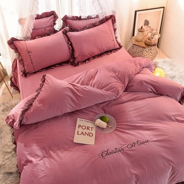 冬季雙面加絨被套四件套黑蕾絲保暖公主冬天水晶絨1.8m床用品