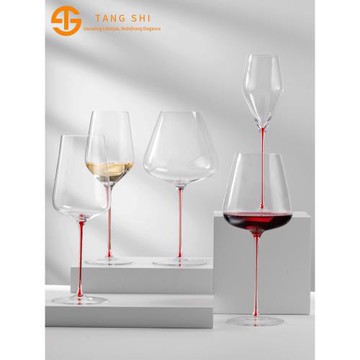 輕奢手工杯人工吹超薄葡萄酒杯勃艮第紅酒杯黑領結紅絲細桿水晶杯