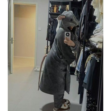 臺灣出貨+免運靈動呆萌老鼠動物睡袍立體連帽造型寬鬆大版型少女居家毛絨睡衣裙