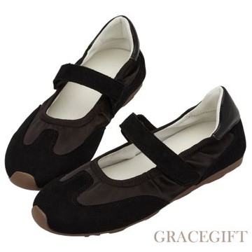 【Grace Gift】輕盈芭蕾緞面拚接芭蕾舞運動鞋 咖