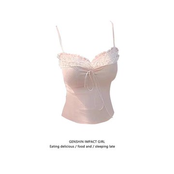 韓系甜美疊穿小吊帶背心女夏季設計感蕾絲拼接系帶修身打底衫上衣