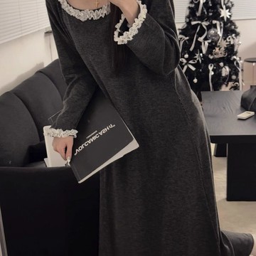 春秋季長袖睡裙女輕奢甜美蕾絲花邊長裙簡約韓系家居服露背睡衣裙 長袖睡裙 女士連衣裙 大尺碼睡衣 春秋睡裙 過膝長裙