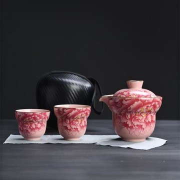 粉色汝窯陶瓷家用繁花福祿旅行茶具一壺二杯快客杯家用功夫茶具