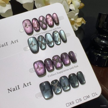 ➕最新設計款穿戴甲💅【鴛鴦蝶】鏤空藍紫蝶個性貓眼甜酷辣妹顯白美甲假指甲手工穿戴甲短方穿戴甲 DUL6