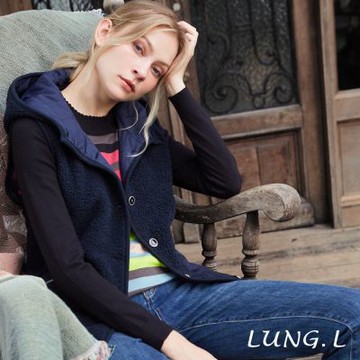 LUNG.L林佳樺 質感藍色圈圈絨連帽長版女裝背心 LT23D