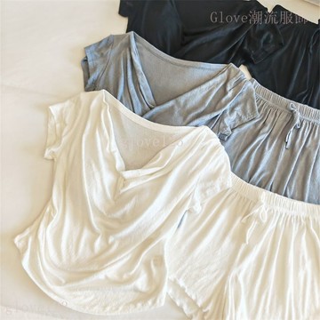 【甜美韓系睡衣】Glove 夏天睡衣女 短袖睡衣 可外穿 純慾慵懶風 家居服 女 居家服 套裝 素色 短袖 韓系睡衣 睡