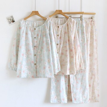 圓領紗布套睡衣女士春秋款純棉長袖秋季全棉薄款甜美風家居服套裝