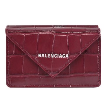 BALENCIAGA 巴黎世家  Papier 燙銀LOGO鱷魚壓紋釦式三折信封小短夾(酒紅-全新福利品)