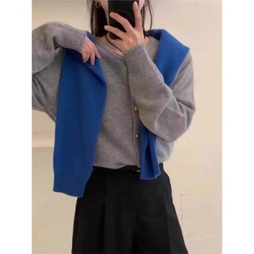 歐美落肩袖羊絨開衫女秋冬短款圓領針織打底輕奢小個子羊毛外套