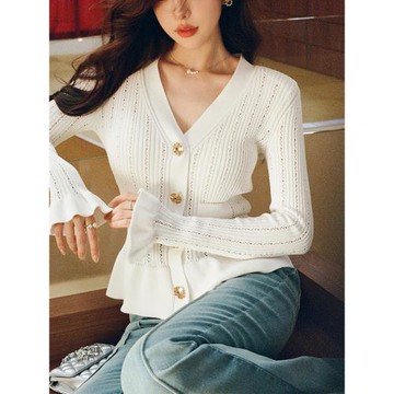ORG重工織造早秋精致名媛法式鏤空V領長袖荷葉邊白色針織上衣外套