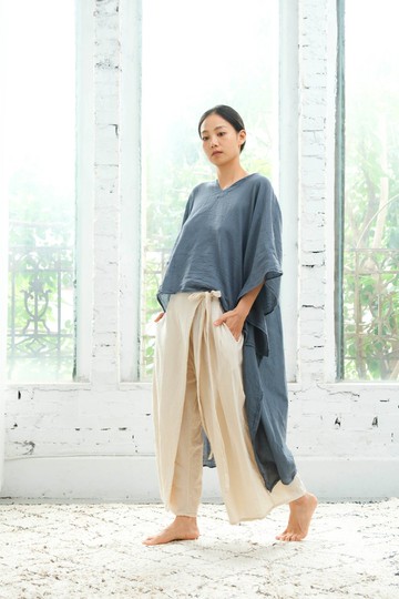 前短後長寬版洋裝上衣 / 慕斯布 灰藍