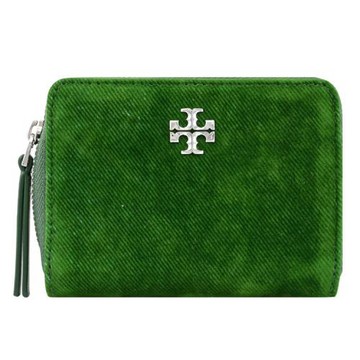 TORY BURCH 178173 金屬LOGO絨布ㄇ字拉鍊零錢卡包.綠