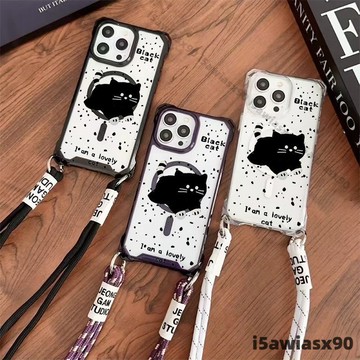 潑墨黑色貓咪四角可挂繩防摔無綫充電磁吸適用iphone18 pro max17 16 15 14 13 12手機殼